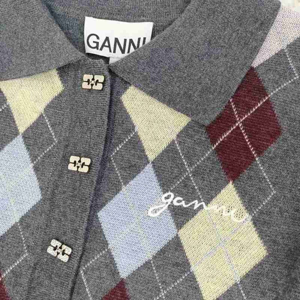 Ganni Gray Argyle Sweater Cardigan - Picture 3 of 6